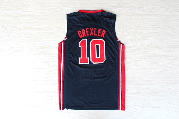 1:1 Doppellagige solide Stickerei-Spielerversion Dream Team #10 Drexler blauer Anzug