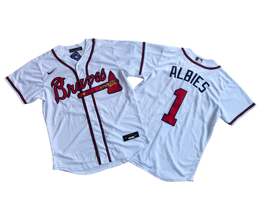 Men's Atlanta Braves 1# Ozzie Albies White Home Replica Player Name Jersey