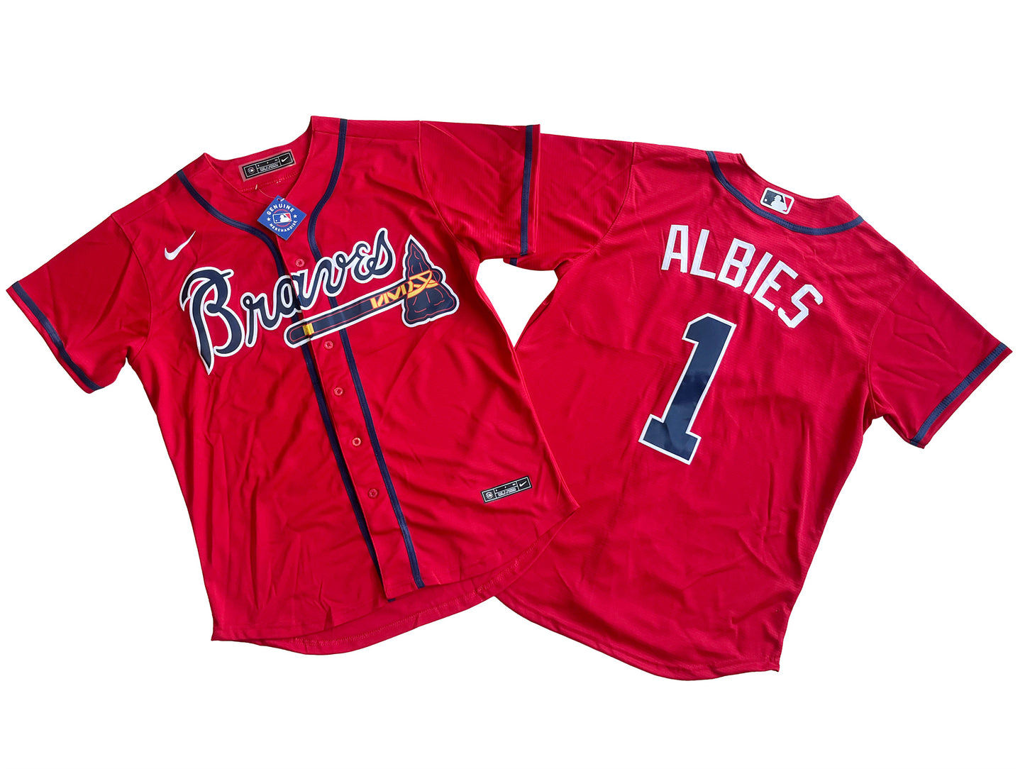 Men's Atlanta Braves 1# Ozzie Albies  Red Home Replica Player Name Jersey