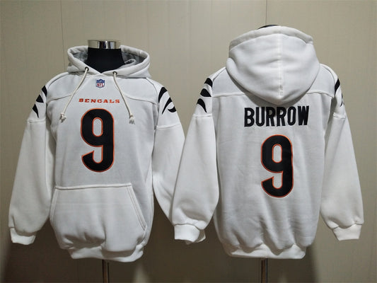 Cincinnati Bengals white Hoodie #9 BURROW (with pockets)