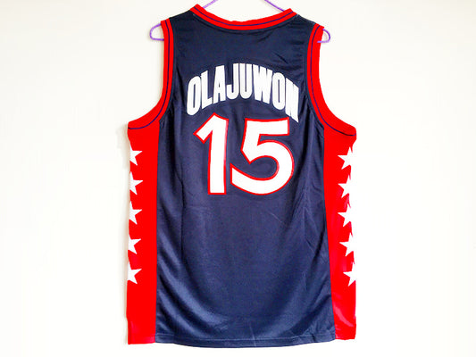 1996 Atlanta Olympics Team USA Dream Three Olajuwon USA Nr. 15 Dunkelblaues besticktes Trikot