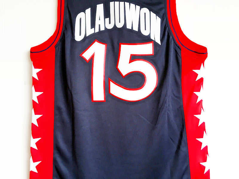 1996 Atlanta Olympics Team USA Dream Three Olajuwon USA No. 15 Dark Blue Embroidered Jersey