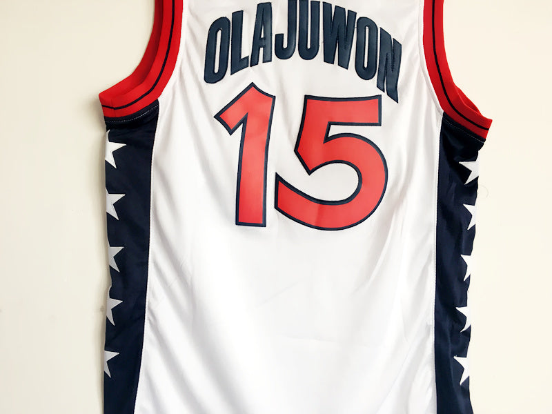 1996 Atlanta Olympics Team USA Dream Three Olajuwon USA No. 15 White Embroidered Jersey