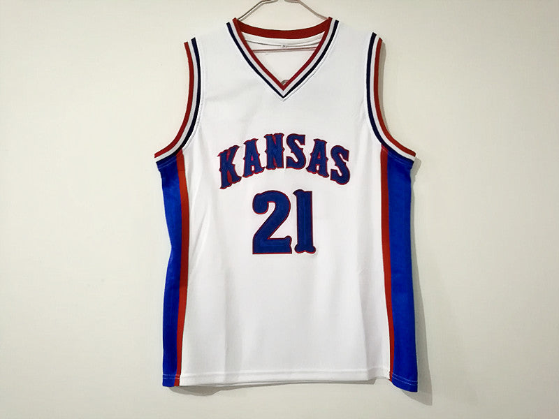 NCAA Kansas University No. 21 Joel Embiid white double-layer embroidered jersey