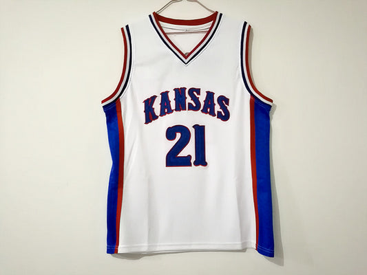 NCAA Kansas University No. 21 Joel Embiid white double-layer embroidered jersey