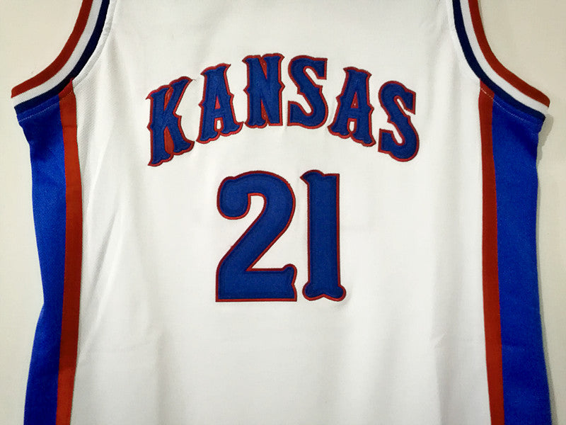 NCAA Kansas University No. 21 Joel Embiid white double-layer embroidered jersey