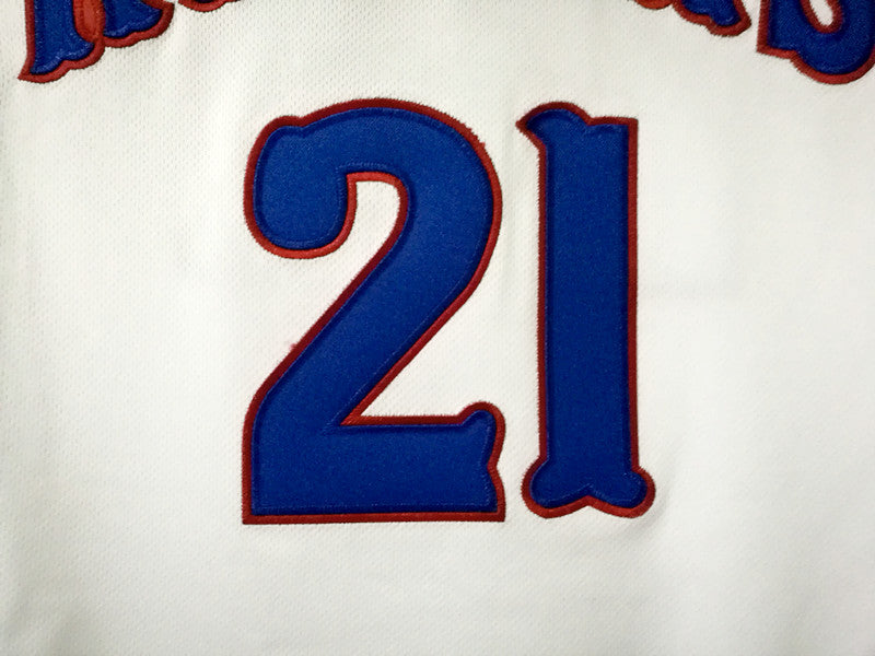 NCAA Kansas University No. 21 Joel Embiid white double-layer embroidered jersey