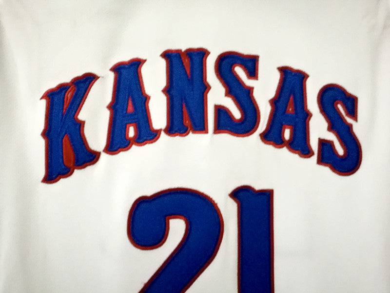 NCAA Kansas University No. 21 Joel Embiid white double-layer embroidered jersey