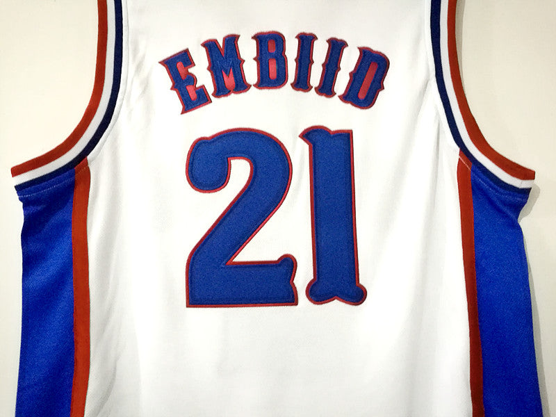 NCAA Kansas University No. 21 Joel Embiid white double-layer embroidered jersey