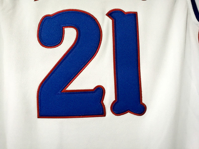 NCAA Kansas University No. 21 Joel Embiid white double-layer embroidered jersey