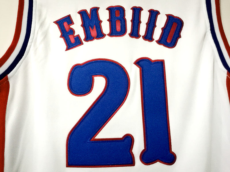 NCAA Kansas University No. 21 Joel Embiid white double-layer embroidered jersey