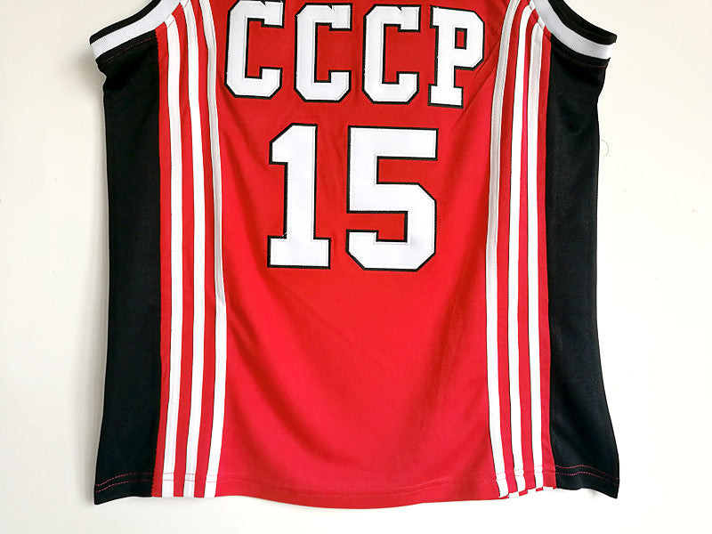 Soviet Spartans No. 15 Arvydas Sabonis double-layer embroidered red basketball jersey