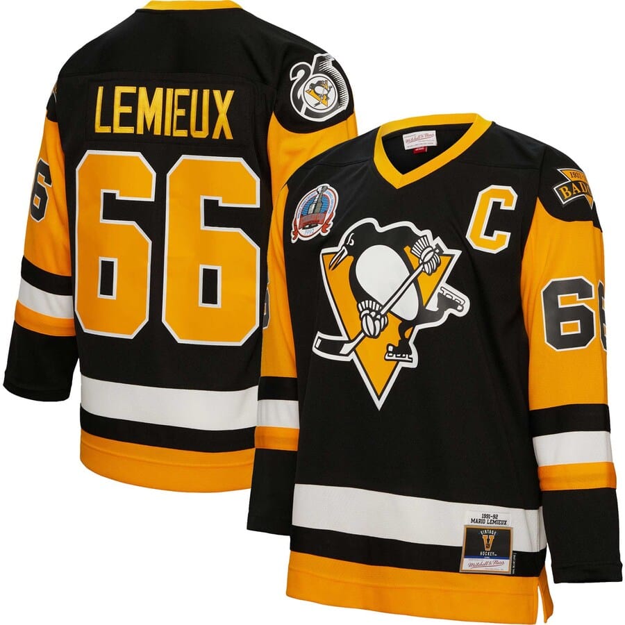 Men's Pittsburgh Penguins Mario Lemieux Mitchell & Ness Black Big & Tall 1991 Captain Patch Blue Line Player Jersey