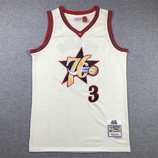 Men's Philadelphia 76ers Allen Iverson #3 Cream Chainstitch Swingman Jersey