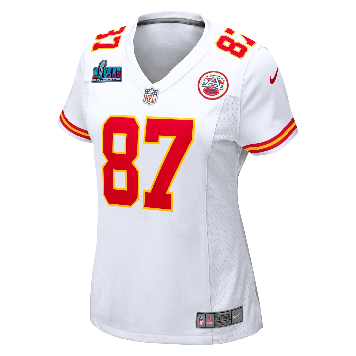 Travis Kelce Kansas City Chiefs Nike Super Bowl LVII Patch Auswärtsspieltrikot für Damen – Weiß