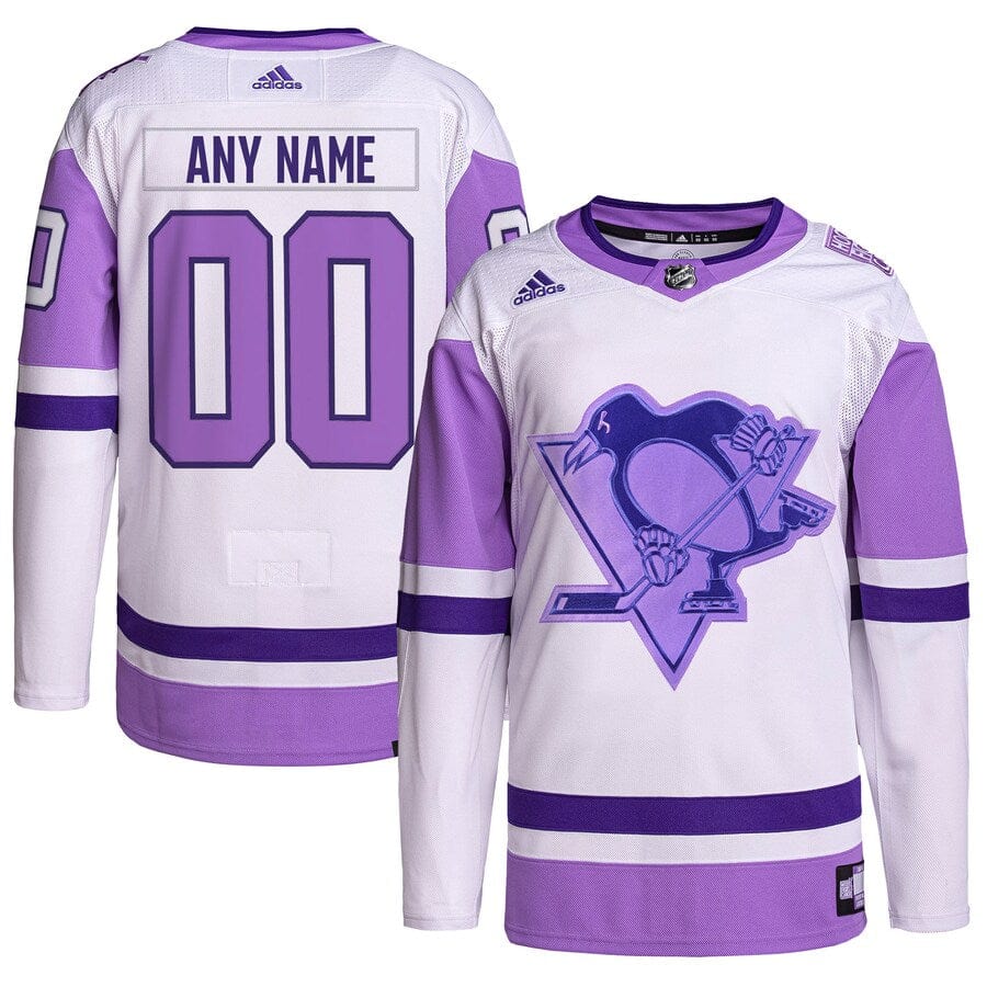 Men's Pittsburgh Penguins adidas White/Purple Hockey Fights Cancer Primegreen Authentic Custom Jersey