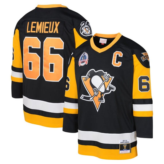 Schwarzes Spielertrikot der Pittsburgh Penguins Mario Lemieux Mitchell &amp; Ness 1991–92, Blue Line