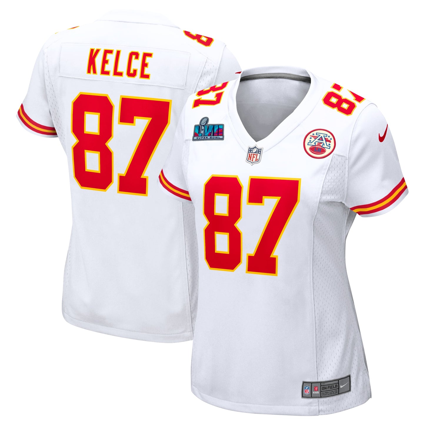 Travis Kelce Kansas City Chiefs Nike Super Bowl LVII Patch Auswärtsspieltrikot für Damen – Weiß