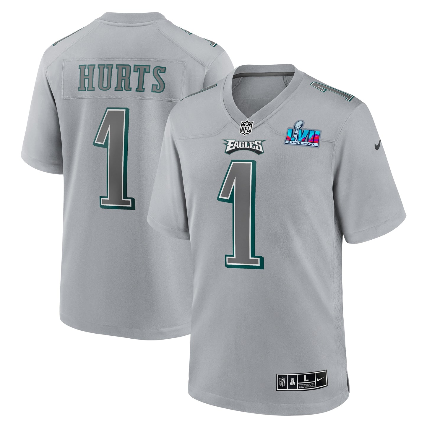 Jalen Hurts Philadelphia Eagles Nike Super Bowl LVII Patch Atmosphere Fashion Game Jersey – Grau