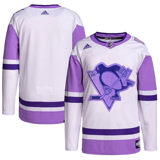 Men's Pittsburgh Penguins adidas White/Purple Hockey Fights Cancer Primegreen Authentic Blank Practice Jersey